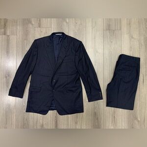 Hickey Freeman Suit 46L Loro Piana Super 130s Wool Navy‎ Blue Stripe Pant